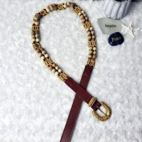 Express Leather Bead Embellished Belt Brown Gold Tone Size Large - Picture 1 of 10